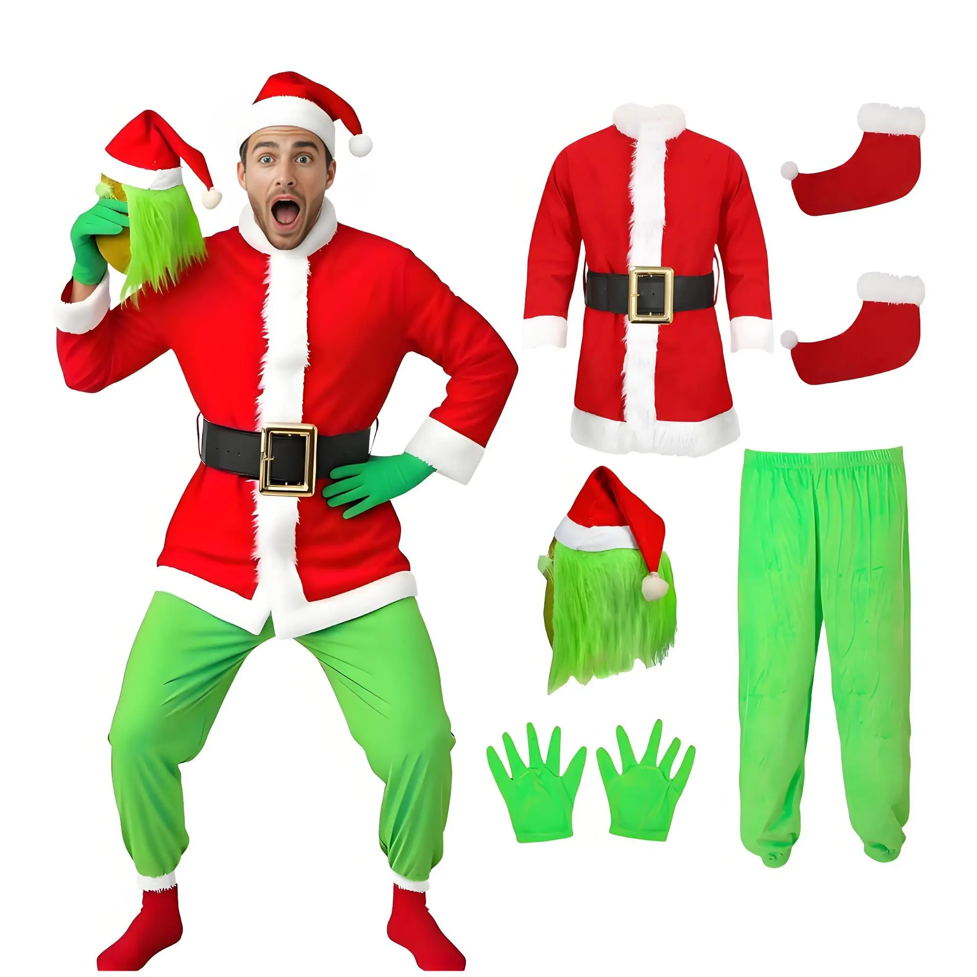 

6PCS Adult Xmas Costume Santa Claus Outfit for Men Women Christmas Halloween Cosplay Party Accessory Suits