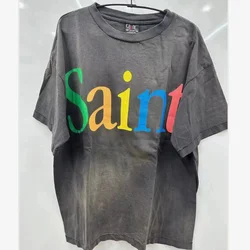 Sain Vintage Crackle Colorful Letters Printed T-Shirt Mens Womens Best Quality Washed Gray Street Clothing T Shirt Tops