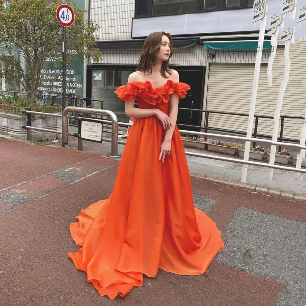 

Msikoods 2025 Off Shoulder Evening Dresses Orange Puffy Prom Dress A Line Formal Gown Elegant Party Dress For Women Customized