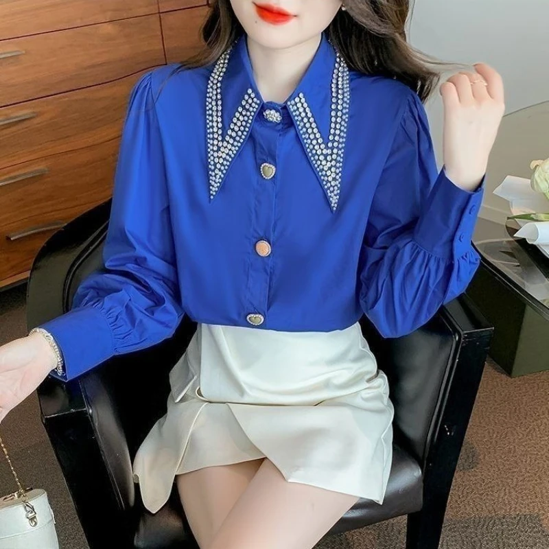 

2026 Women's Rhinestone Long Sleeve Shirt Vintage Elegant Loose Premium Top for Spring Autumn​ Fashion Blouse