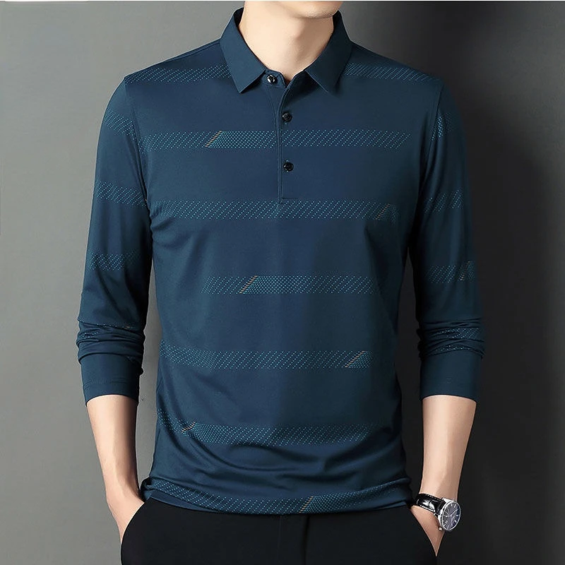 Fashion Men Long Sleeve Cotton Stripe Polo Shirts Spring Autumn New Korean Casual Male Clothes Lapel Loose Streetwear Tops 2023