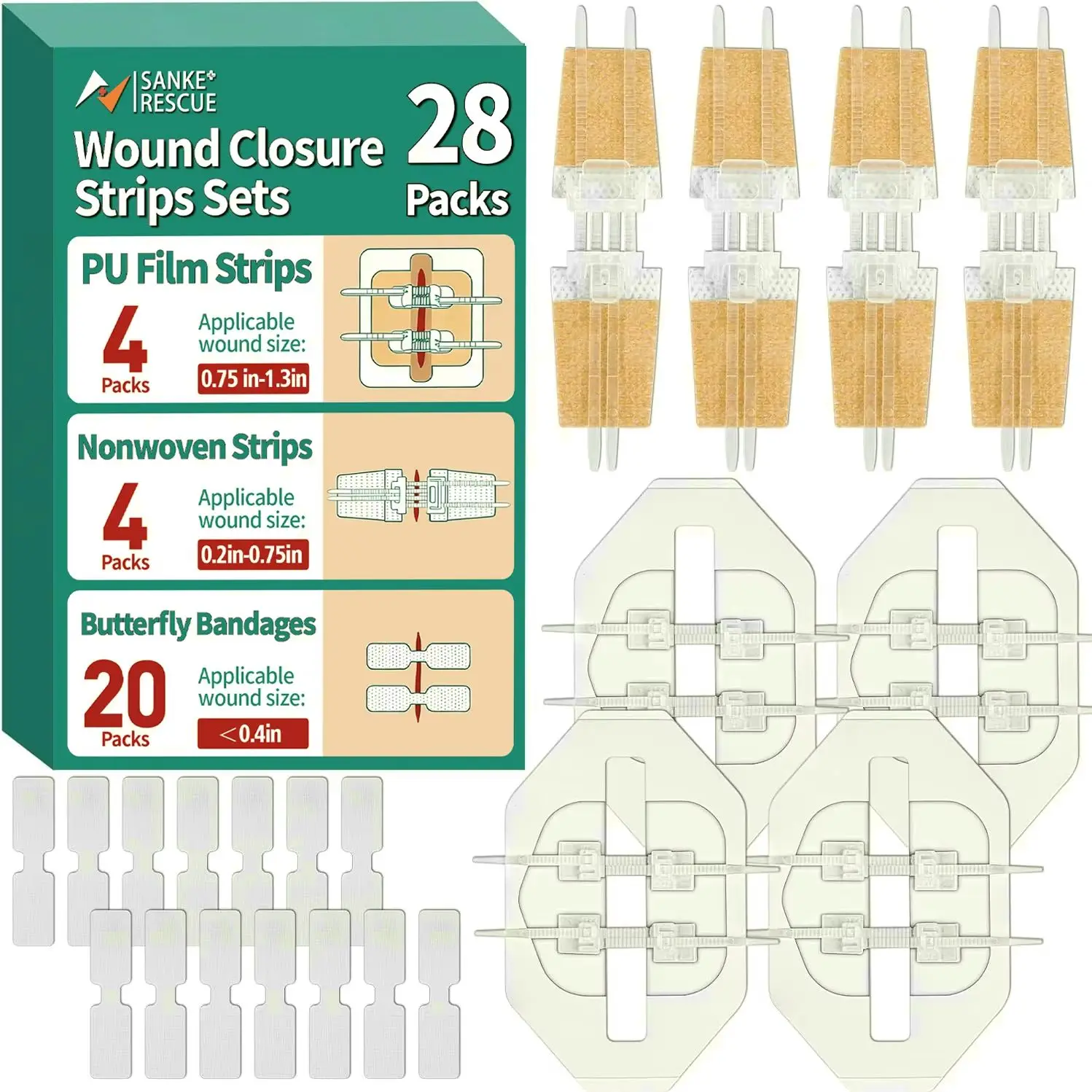 Sanke Rescue 10/14/28 Pack Wundverschlussstreifen Butterfly-Bandagen Notfall-Wundverschluss-Kit zur Wundreparatur und -verschluss