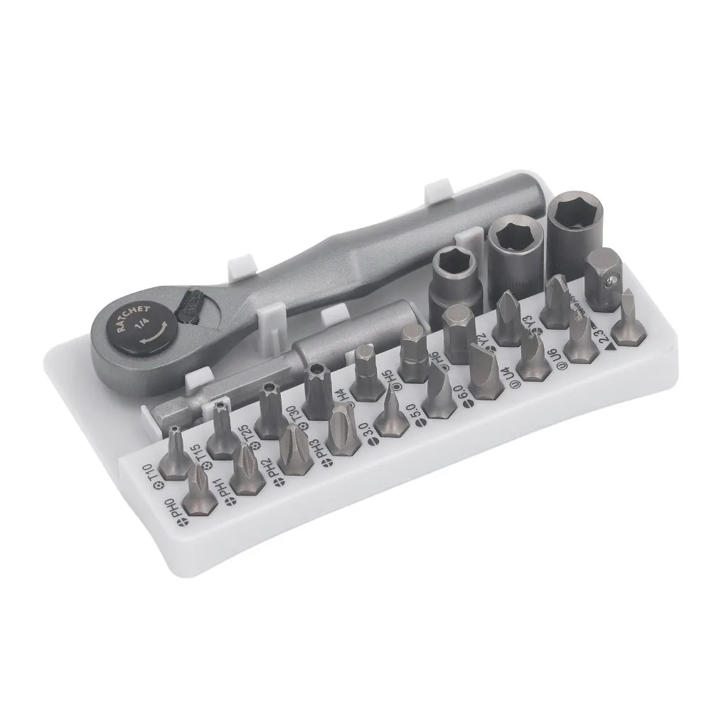 Silver 25 in 1 Portable Ratchet Screwdriver Tool Set Steel 12*8cm Durable Household Repair Combo Kit
