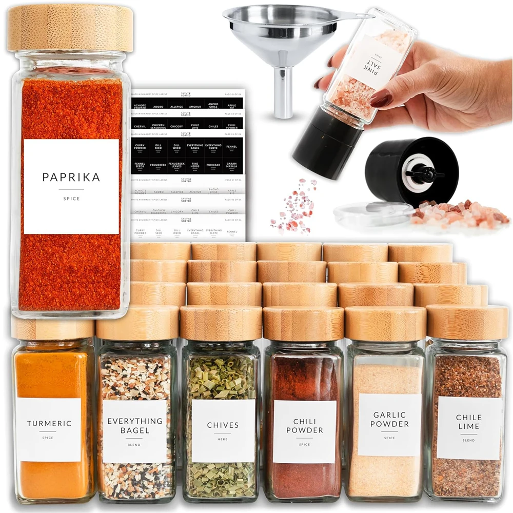 12Pcs Glass Spice Jars with Label Bamboo Spice Jar Set 4oz Seasoning Containers with Labels, Pepper Grinder Spice Bottles Funnel