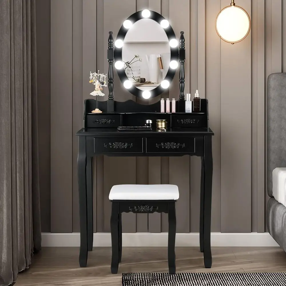 

LED-Illuminated Makeup Vanity Table with Adjustable Brightness, 4 Drawers, Rotating Mirror, and Cushioned Stool - Black Bedroom