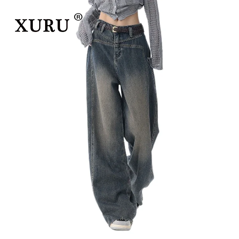 

XURU-Retro Distressed Wide Leg Jeans for Women, Fashionable and Slim Denim, High Street, European and American, N4-481215