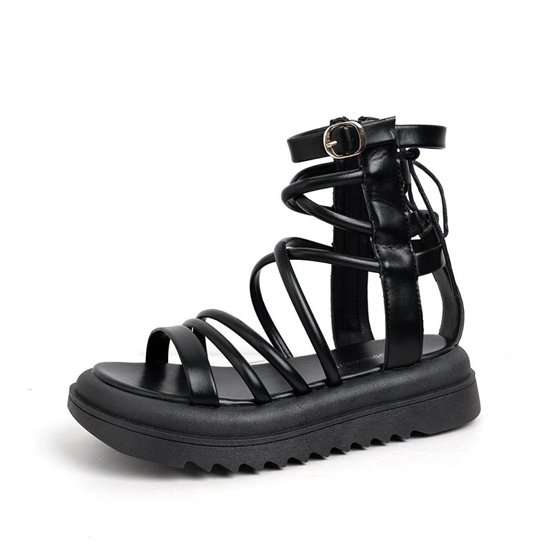 Platform Gladiator Sandals For Women\'S 2024 Summer Trend Black Cross Tie Design With Hollow Open Toe Casual High Top Roman Shoes