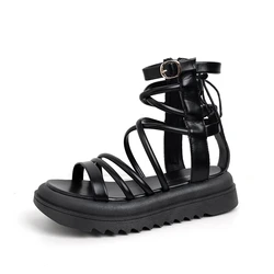 Platform Gladiator Sandals For Women'S 2024 Summer Trend Black Cross Tie Design With Hollow Open Toe Casual High Top Roman Shoes