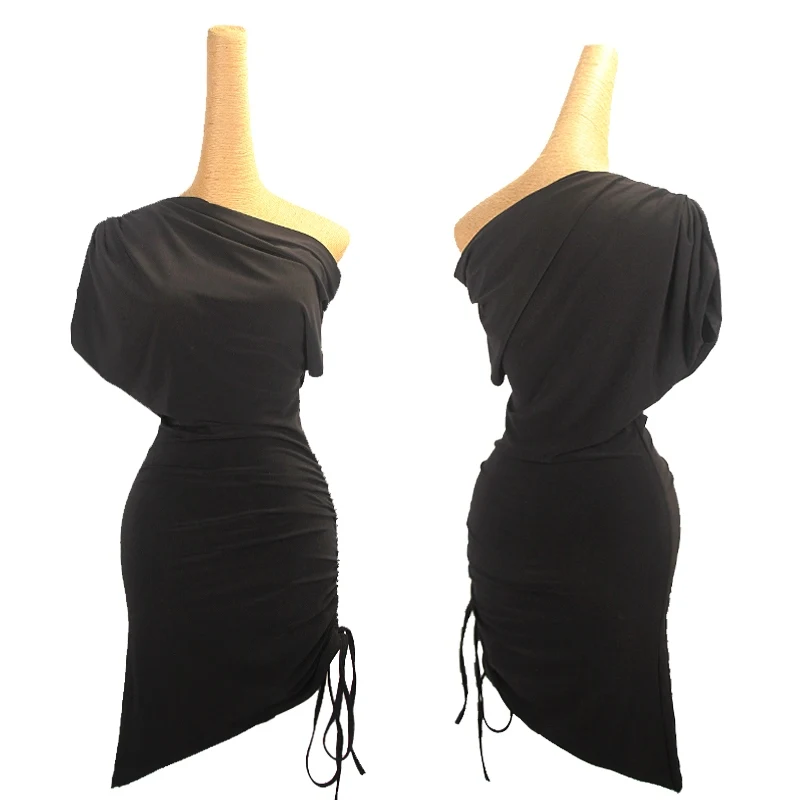

Women Rumba Salsa Dance Clothing Adult Club Dance Wear Summer Black Latin Dance Dress Oblique Shoulder Practice Clothes