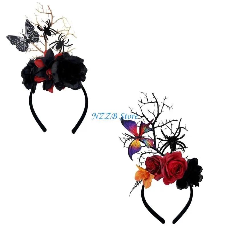 

T21F Gothic Theme Flower Branch Headbands with Realistic Spiders Halloween Hair Accessories for Adult Festival Headpiece