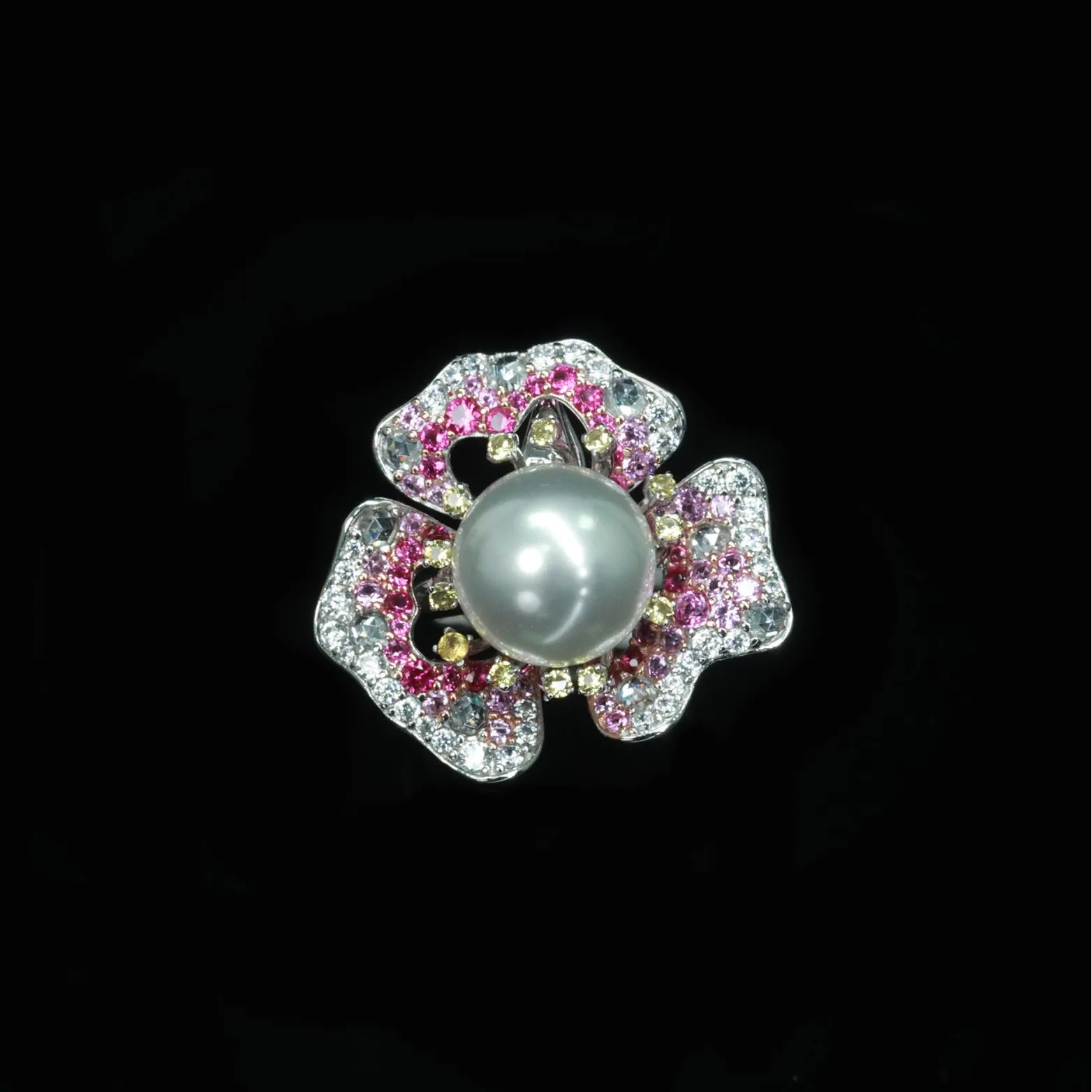 

BELLUX 925 Silver Gold Plated High Carbon Diamond 12mm White Bead Pearl Romantic Pink Flower Ring