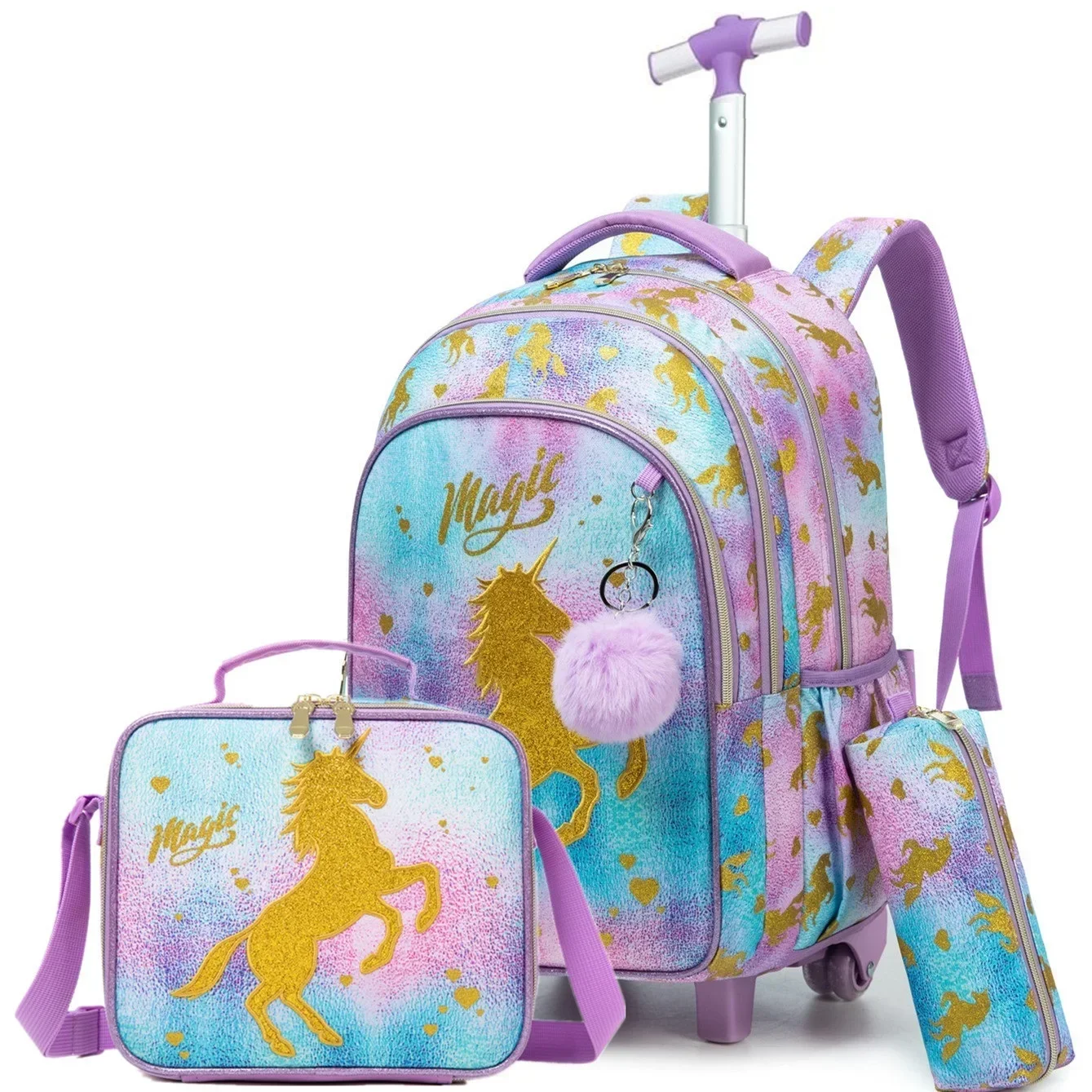 

3PCS Rolling Backpack School Trolley Bag for Girls Roller Backpack for Elementary Students Carry on Luggage Bookbag with Roller