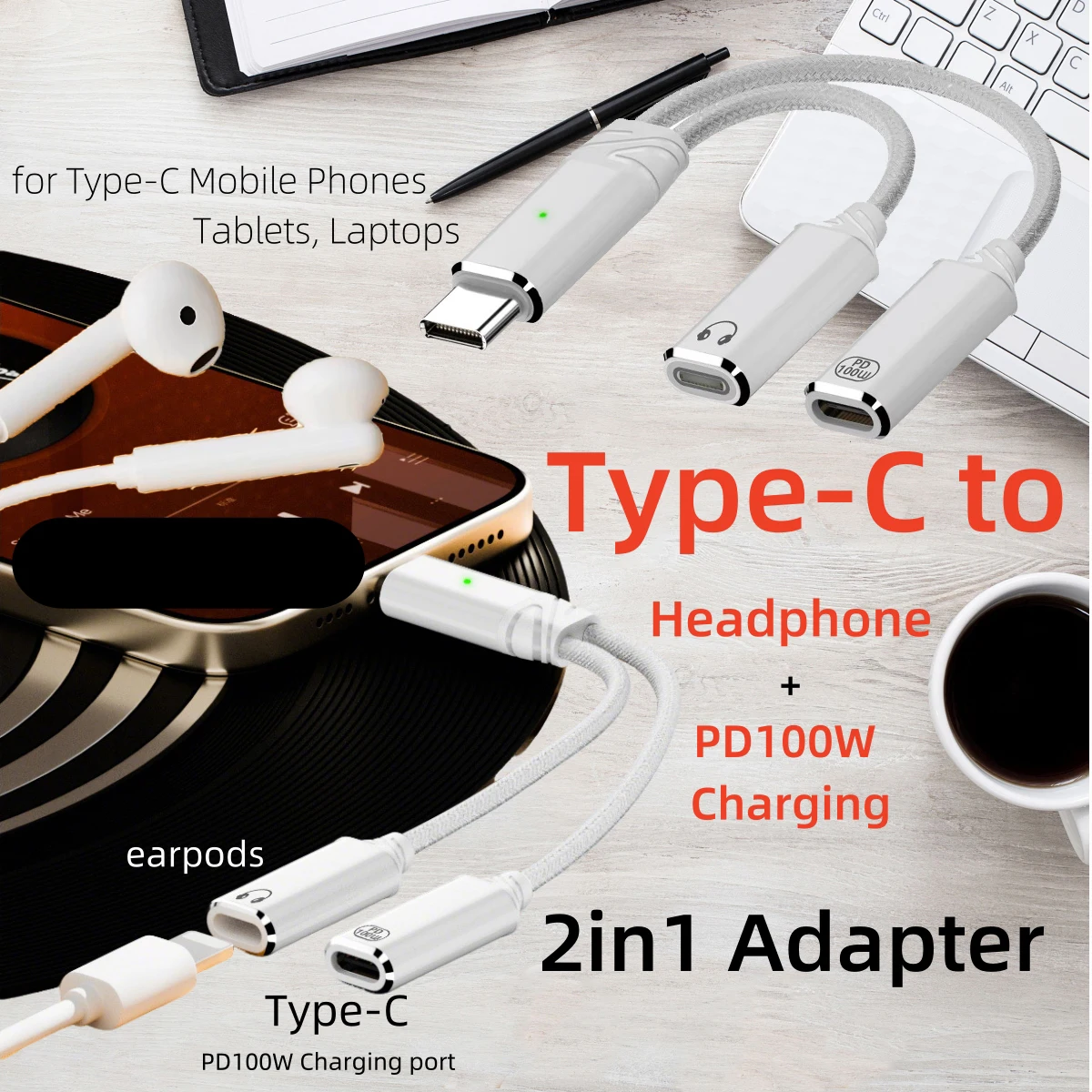 

2in1 USB C PD 100W Fast Charging and Headphone Adapter Type-C to Original Ios 8Pin Wired Earphone Cable for Phone15/16 Ipad Pro