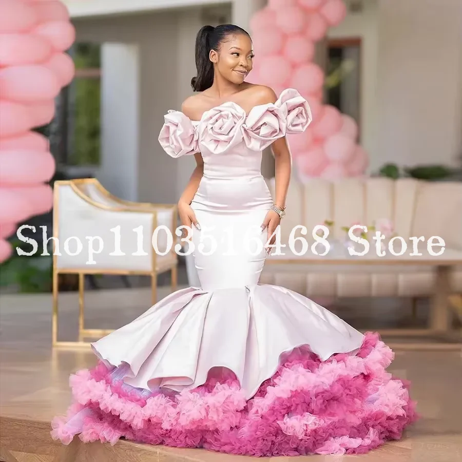 

Ruffles Tiererd Mermaid Prom Dresses Floor Length Flowers Off Shoulder Long Elegant Evening Gowns Special Occasion Dress Custom