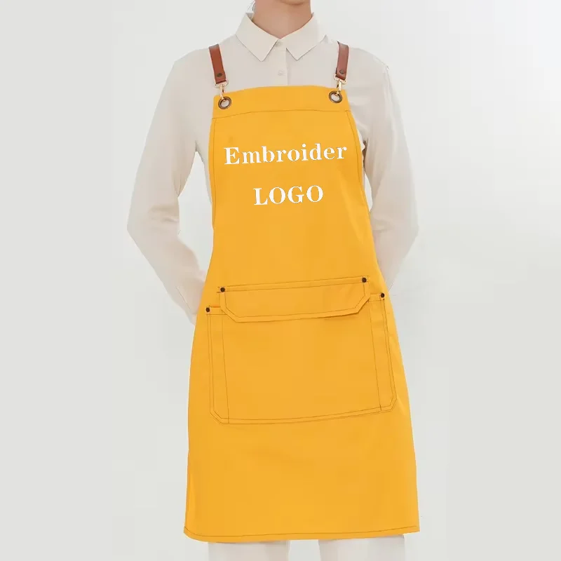 Custom Embroidery Brand Logo Canvas Yellow Apron Restaurant Baking Manicure Work Clothes Milk Tea Coffee Shop Man Woman Apron