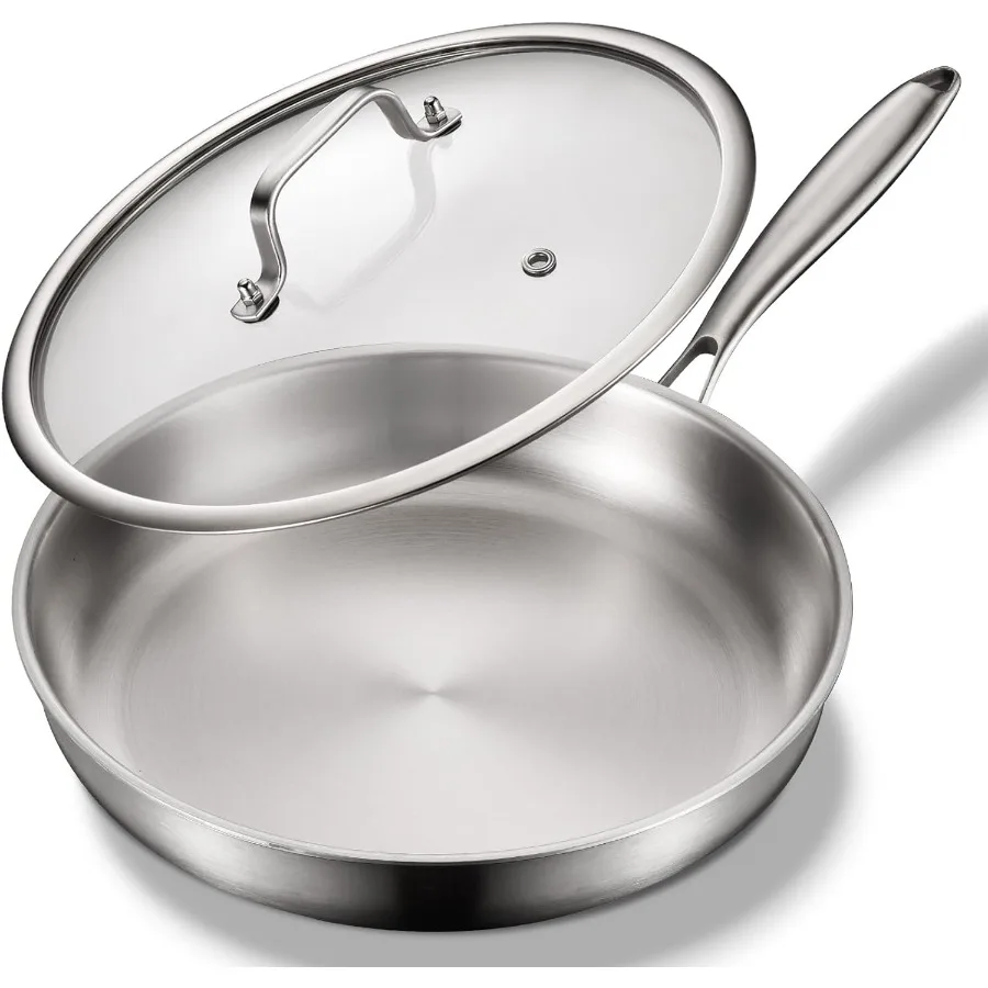 

10Inch TriPly Stainless Steel Pan PFOA and PTFEFree Skillet Griddle with Lid for Kitchen Use InductionCompatible Nonstick Cookw