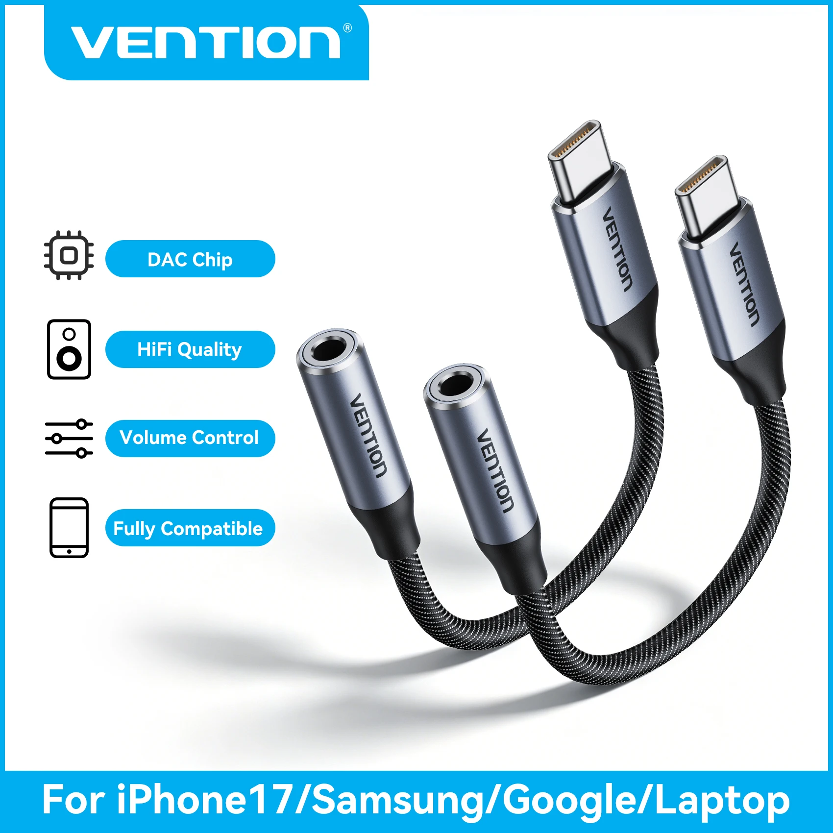 [2Pcs] Vention USB Type C to 3.5mm Jack Earphone Adapter Headphone USB C Cable Audio Adapter with DAC For iPhone 17 16 15 Xiaomi