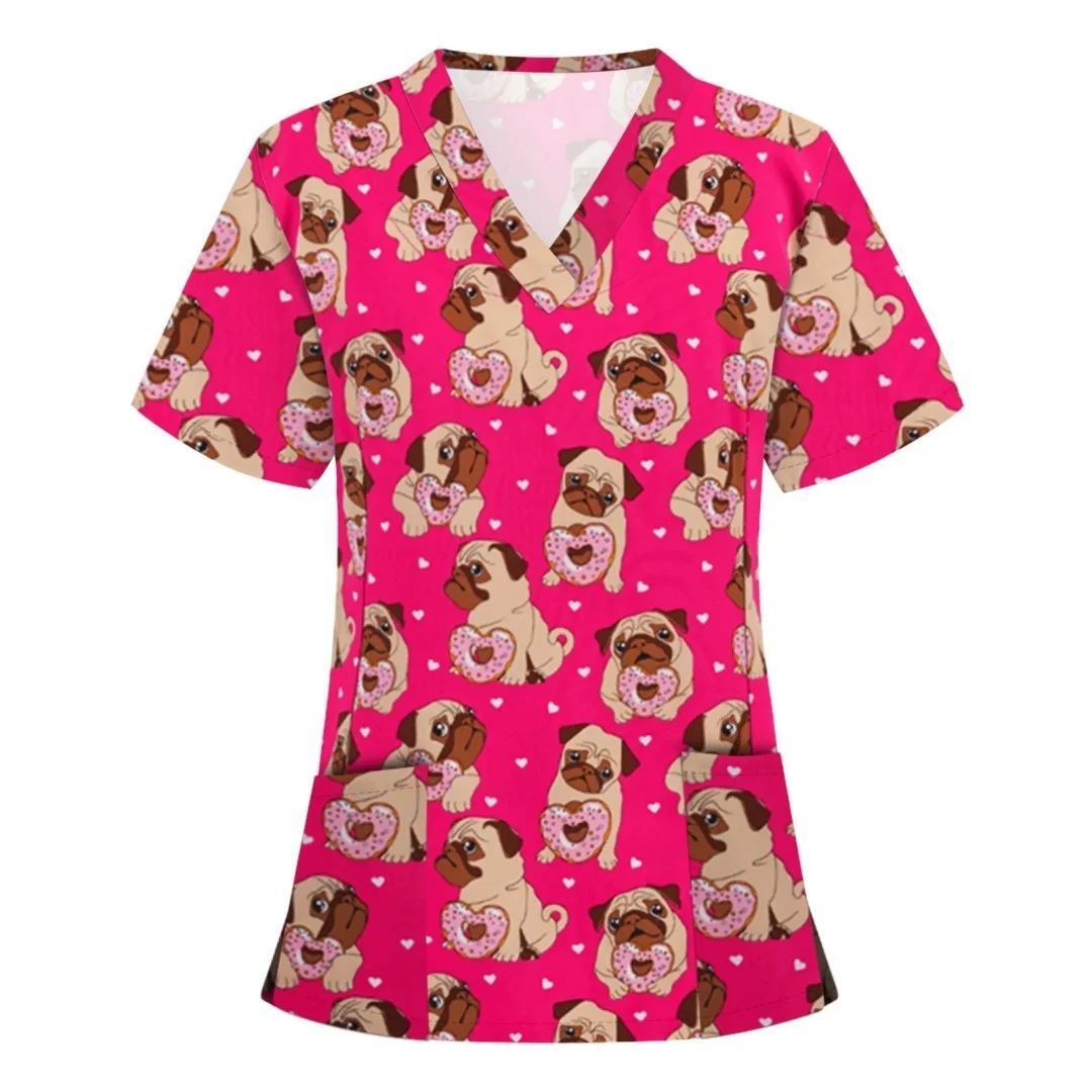

Medical Scrubs for Women Cute Animal Cartoon Print Vet Surgical Uniform Tops Fashion V-Neck Short Sleeve Scrub Medical Women Top