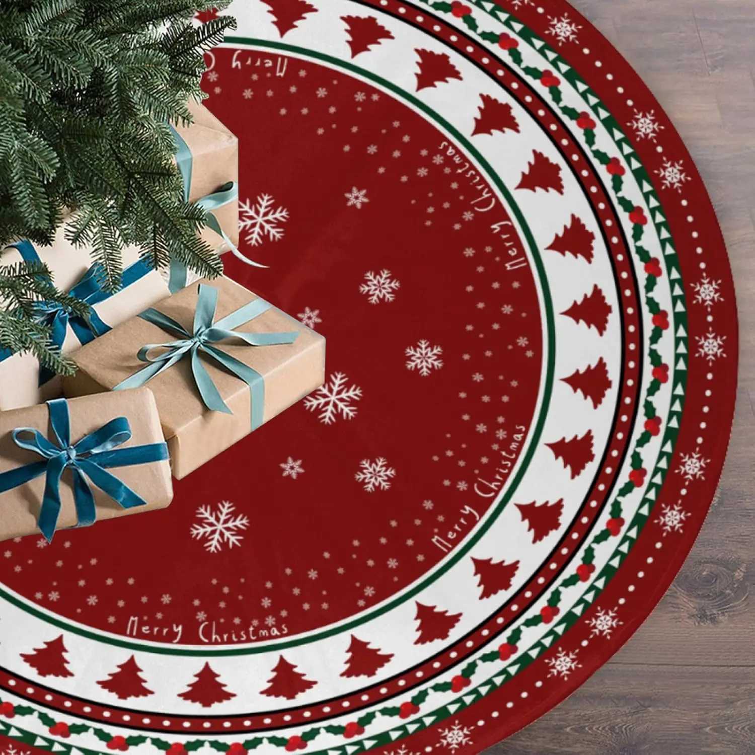 Christmas Tree Skirt 48 Inches, Red and Green Xmas Tree Mat with Winter Snowflake for Christmas Decorations Holiday Party Indoor