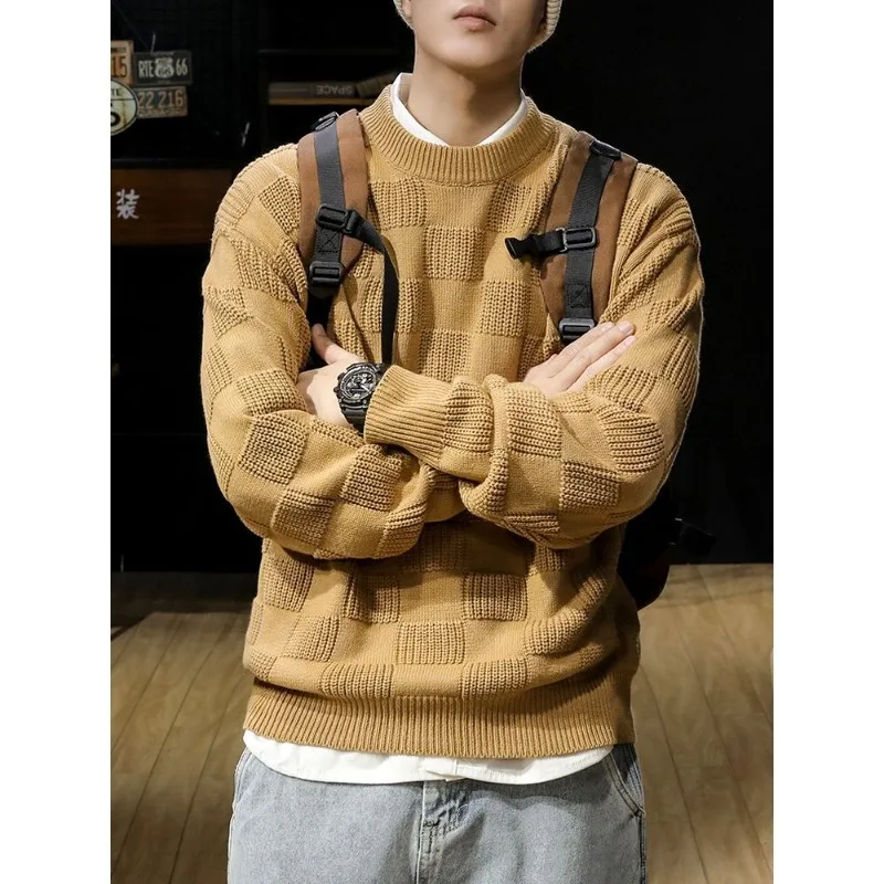 

Men's Crew Neck Sweater Trend Thickened Knitwear Breathable Lattice Pullover Casual Thickened Loose High Street Sweaters