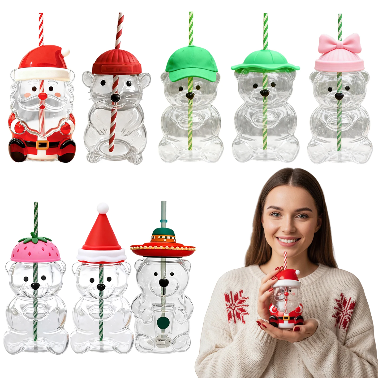 

Christmas Bear Glass Jar Cute Transparent Cold Cup with Straw Reusable Water Bottle Milk Beverage Tumbler for Holiday Party