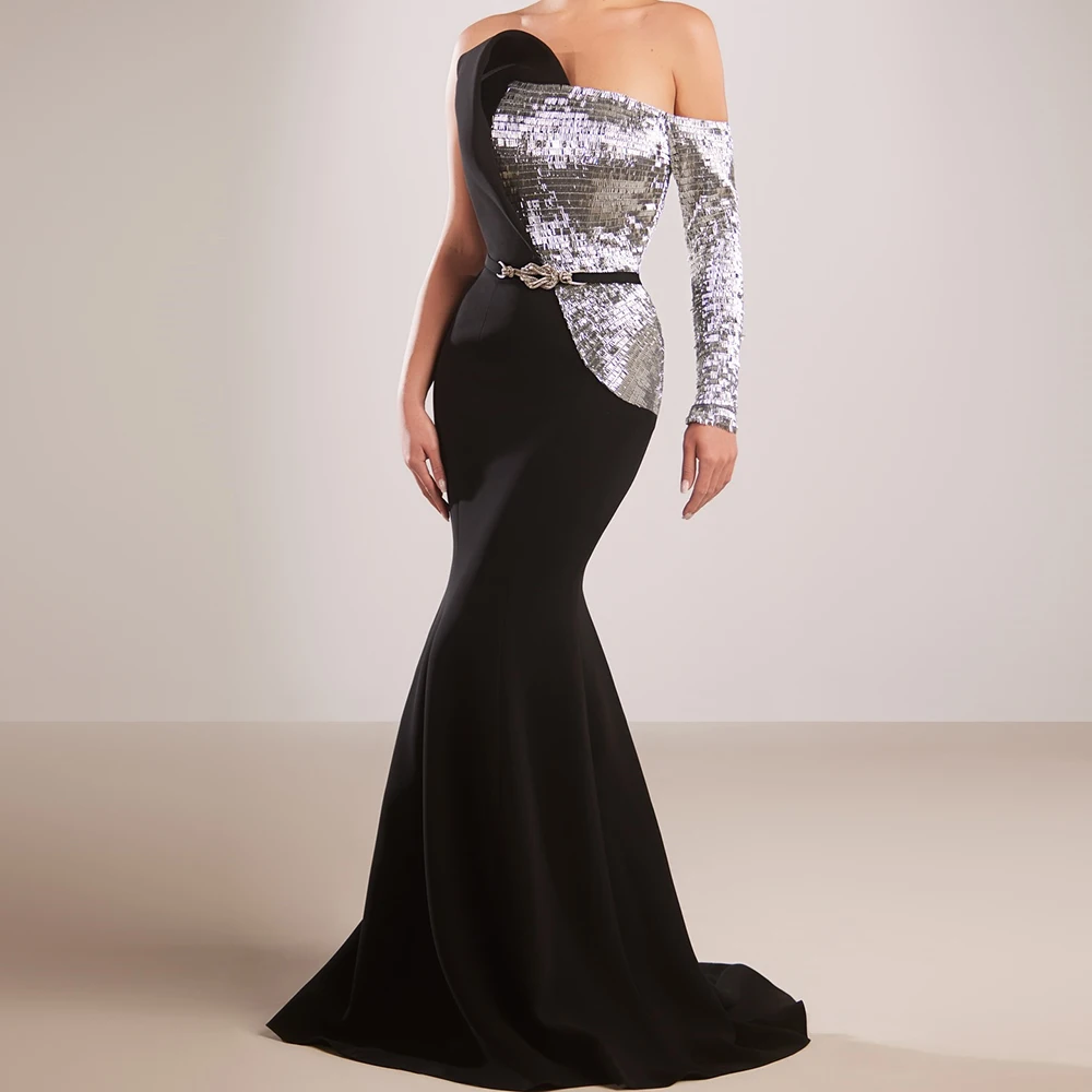

Customized Mermaid Evening Dresses Floor-length Off The Shoulder Full Sleeve Prom Gown Simple Fashion Sequined Draped Party Gown