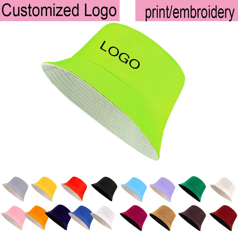 Custom LOGO Embroidery Printing Double-sided Cotton Fisherman Hat Sun Protection Basin Hat Outdoor Travel Advertising Bucket Hat