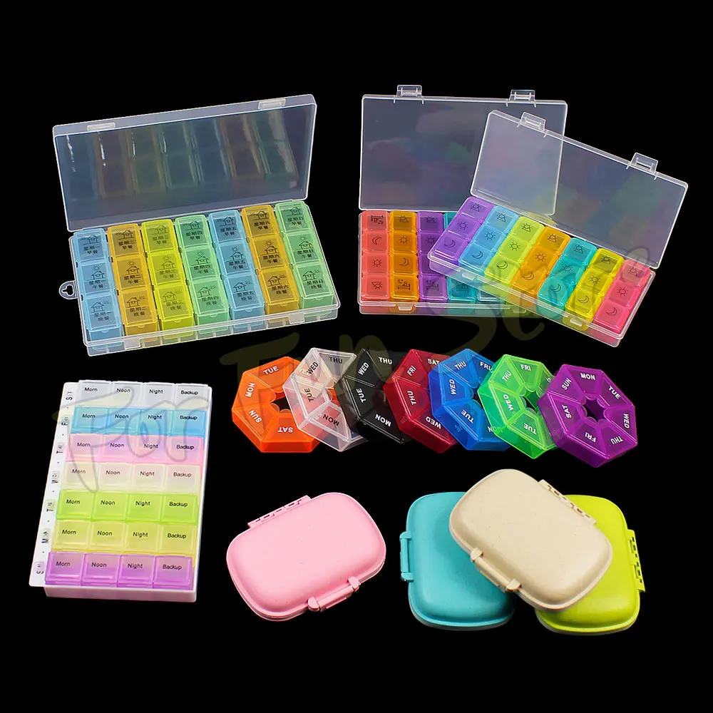 For Fun Portable 7 Days Medicine Pill Box 28/21/8/7 Grids Weekly Pills Storage Box Container Plastic Travel Sealed Packaging Box