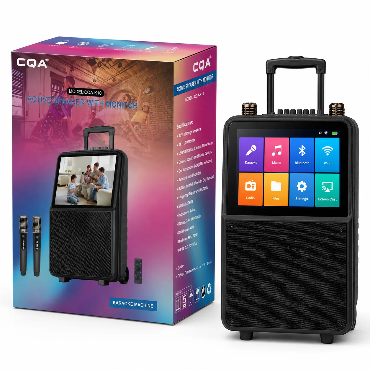 Best-selling high-power trolley karaoke speaker with display screen and video casting capability.