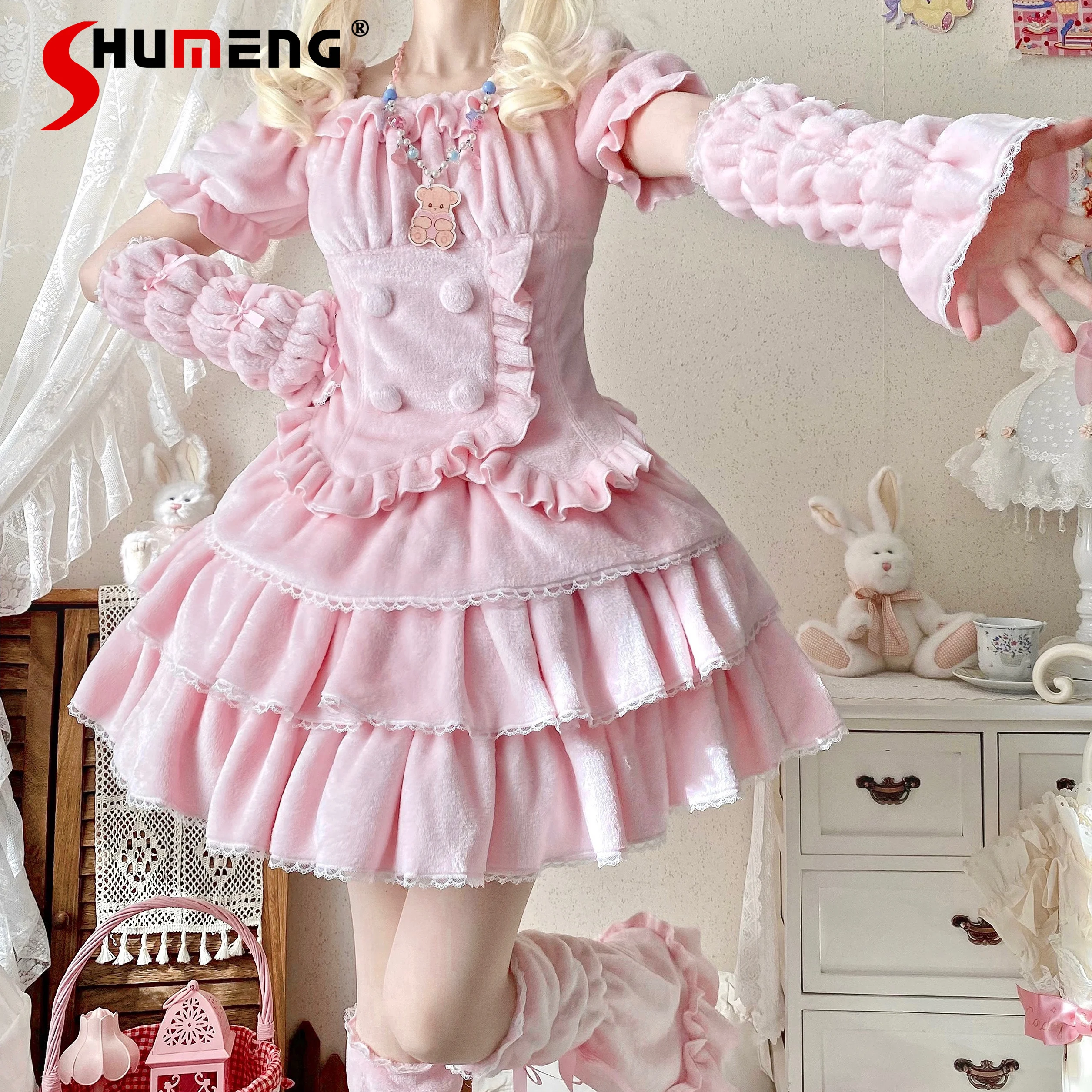 Autumn and Winter Warm Lolita Velvet Thickening Skirt Outfit Original Sweet Pink Ruffles Buttoned Short Skirt Sets 2 Pieces