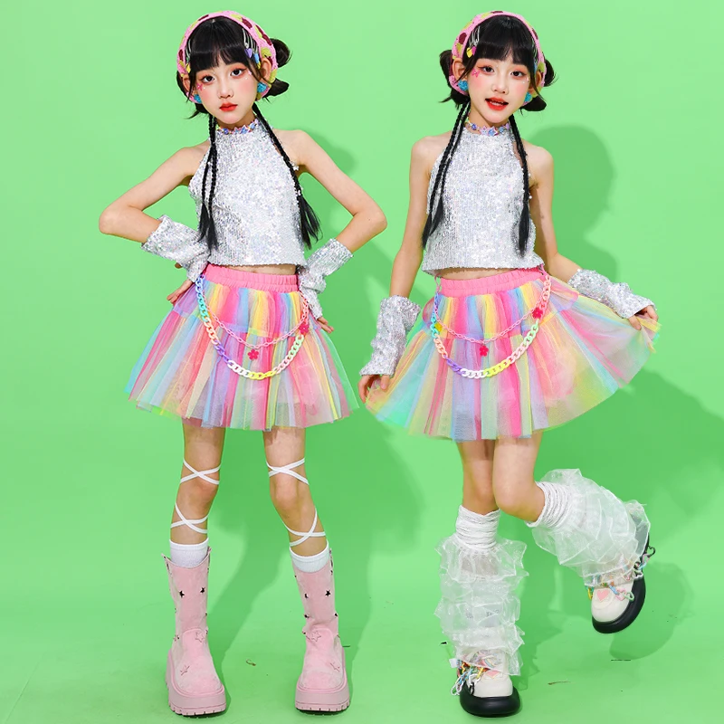 Menina hip hop roupas lantejoulas colheita topos rosa tutu saias criança k-pop streetwear criança jazz menina grupo roupas de dança de rua conjunto