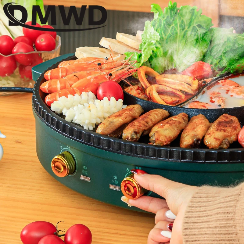 DMWD Electric Hot Pot Home Multi-function All-In-One Barbecue Machine Grill Shabu Frying Pan Smokeless Roasting Hotpot