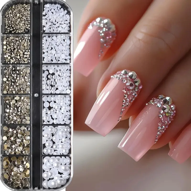 12 cierres, diamantes de imitación y perlas, dijes para decoración de uñas, parte posterior plana, semicírculo, cristal, piedras preciosas para decoración de uñas, cuentas de Caviar, accesorios de manicura *