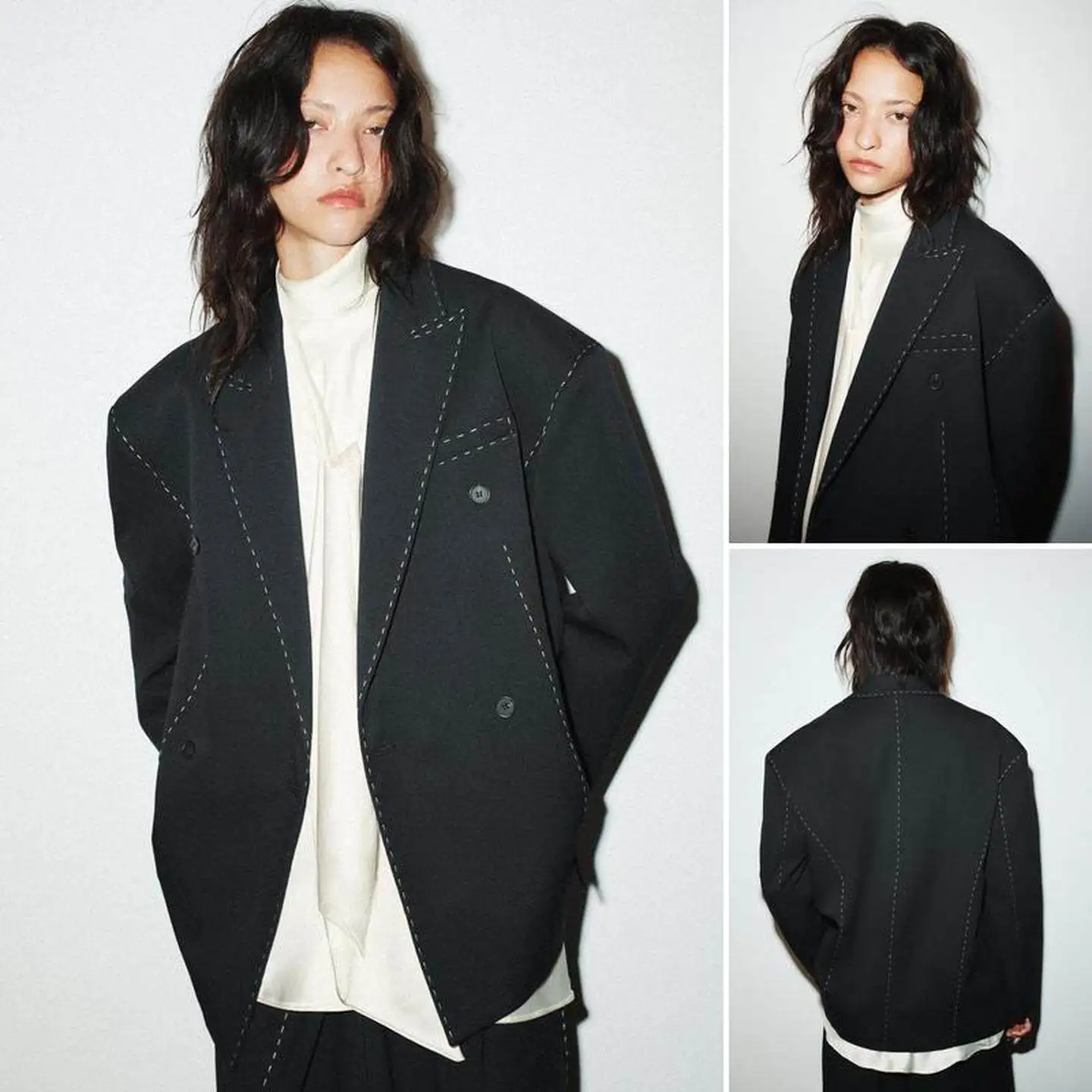 

Свободный крой, цветная швейная линия, двубортное пальто, повседневный длинный свек, однотонный узор, женский костюм средней длины, Jaet