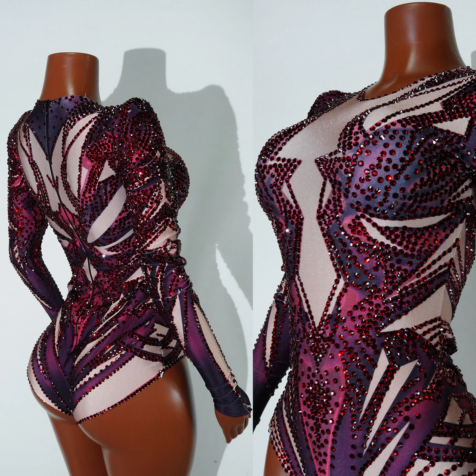 

sexy Full Rhinestones Red Glitter Printed Long Sleeve Bodysuit Women Pole Dance Leotard Party Club Celebrate Drag Queen Outfits