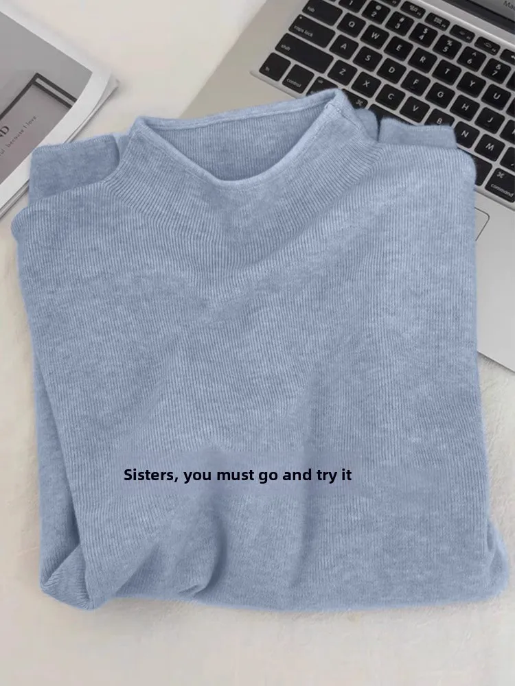 بلوزة صوفية محبوكة فضفاضة بأكمام طويلة للنساء، تصميم جديد لخريف وشتاء، سترة زرقاء بياقة نصف عالية