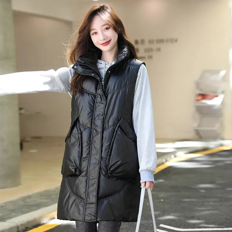 2024 White New Women\'s Vest Fashion Winter Puffer Stand Collar Padded Long Jacket Coat Sleeveles Female Waistcoat Chic Clothes