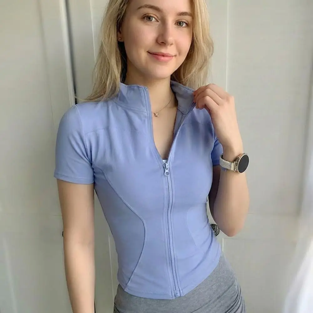 Casual Slim Fit Women's Sports Top Zip Front Stand Collar Workout Shirt Short Sleeve Solid Color Running Jacket Summer