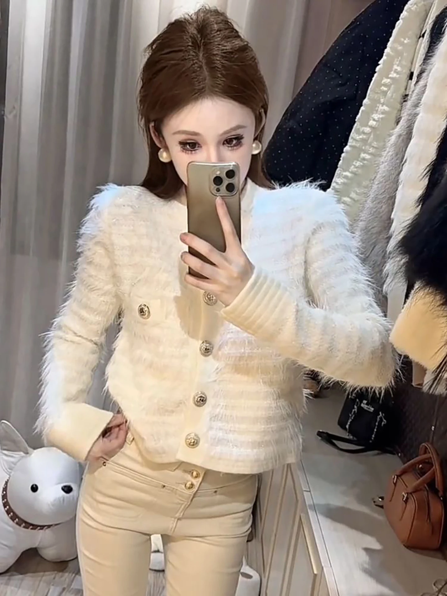 

French Sle Furry Knitted Slim Fit ort Svel Women's Cardigan Warm round Ne Button up Casual Outerwear Top