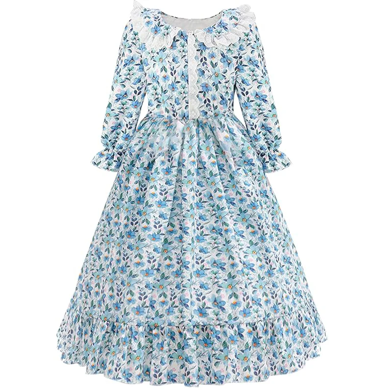 ชุดเด็กผู้หญิง Pioneer ชุดดอกไม้ Colonial Prairie สําหรับเด็กเล็กพร้อมผ้ากันเปื้อนและ Bonnet