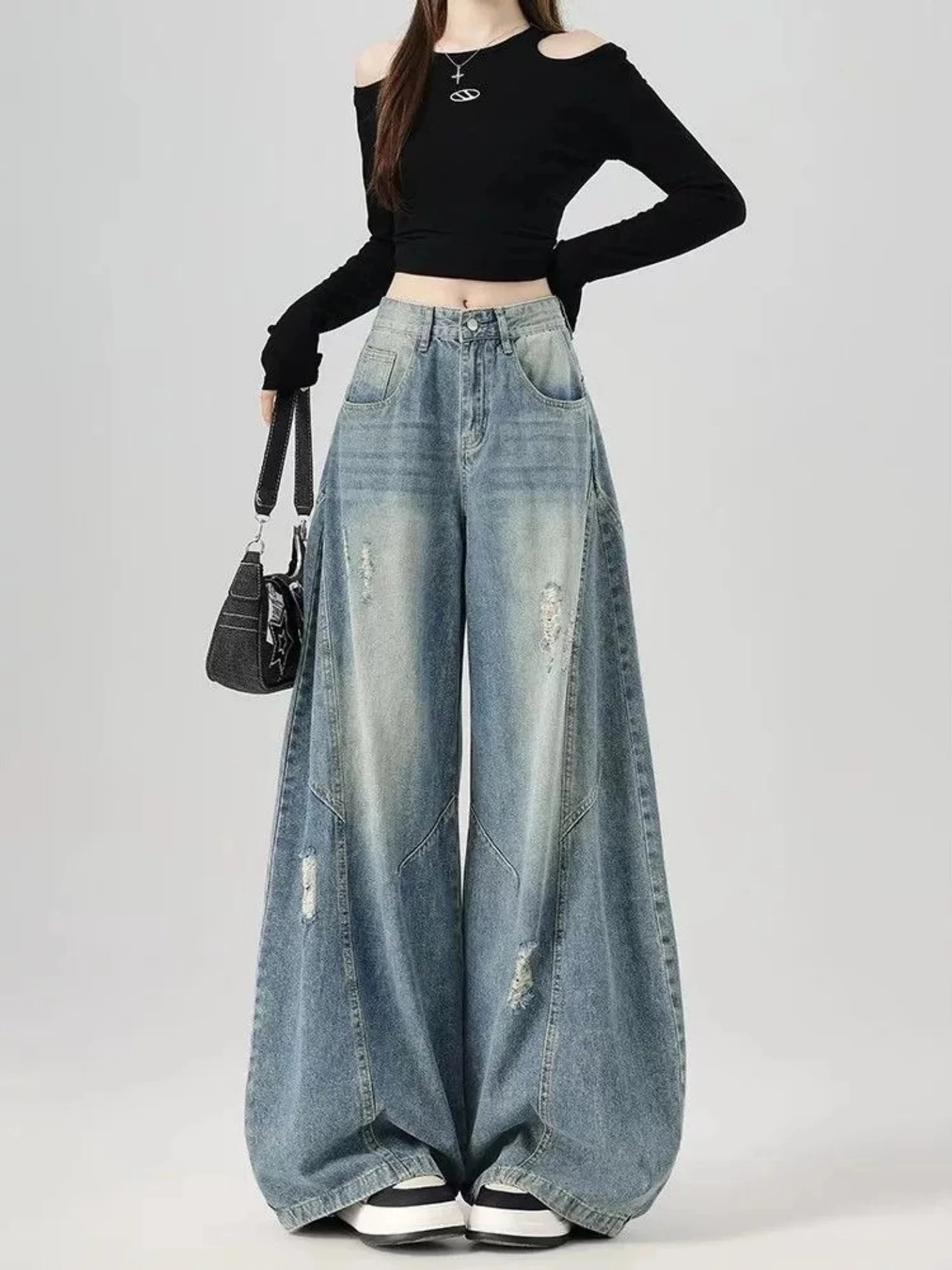 American Loose Slim Wide Leg Denim Jeans Women's Hole Design Sensation Knife Dragging Pants Wear And Tear Micro Flared Street
