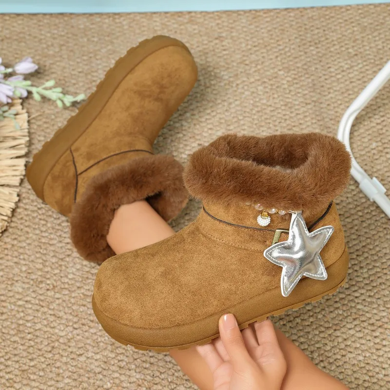 Winter Fashion Star Decor Round Toe Warm Comfort Women's Snow Boots 2026 New Retro Solid Thick Soled Casual Boots for Women