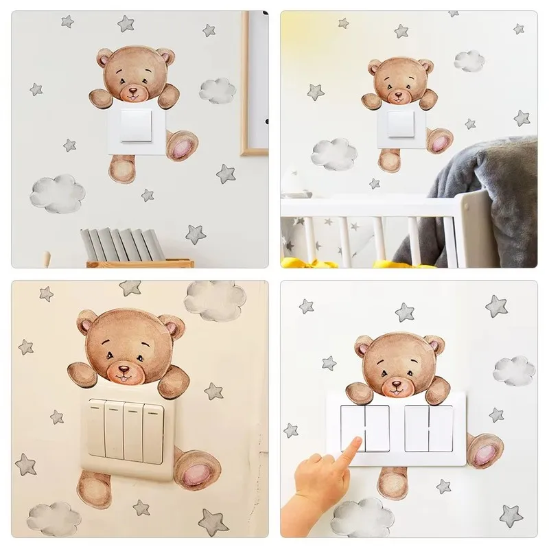 1-4pcs Bear Switch 20x20cm PVC Clouds Cartoon Removable Bear Wall Stickers Bedroom Wall Decals Removable Light Labels Home Decor