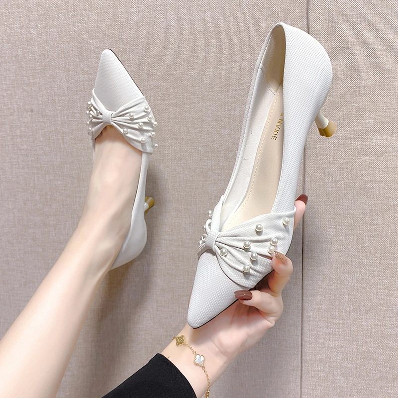 New Fashion Shallow Mouth Pearl High Heels Feminine Bridal Wedding Shoes Pointed Toe High Heels Female Womens Shoes White Heels