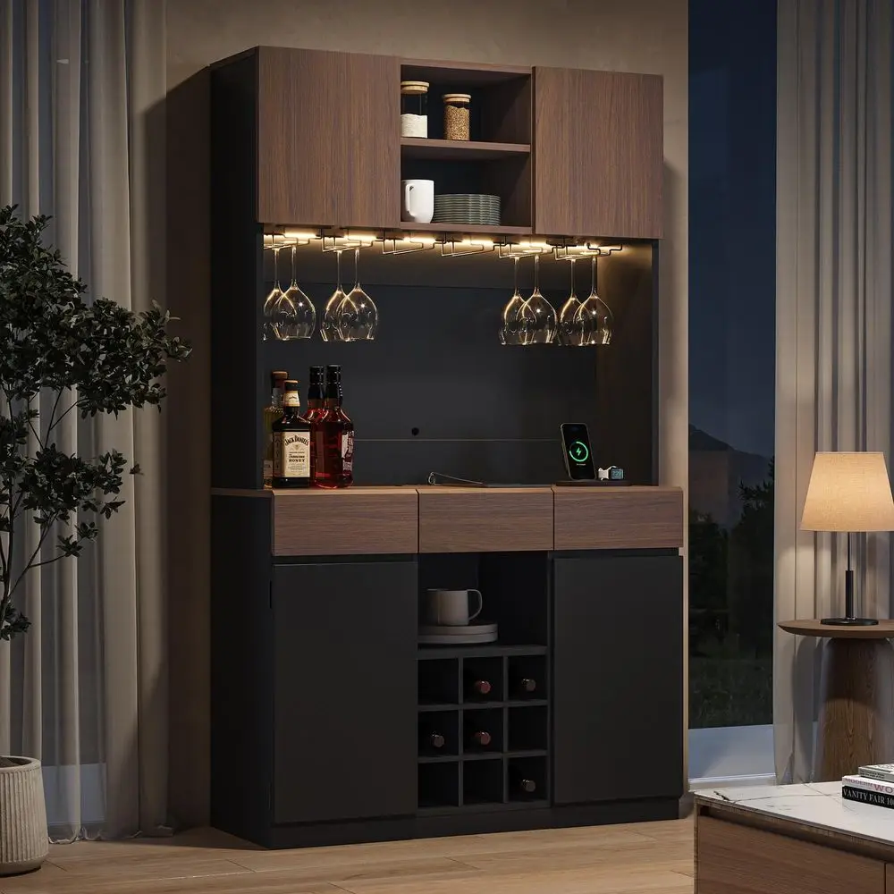 

71 Wine Bar Cabinet with LED Lights, Modern Kitchen Pantry Hutch Cabinet with Storage, Black Home Coffee Bar with 3 Drawers, Wi