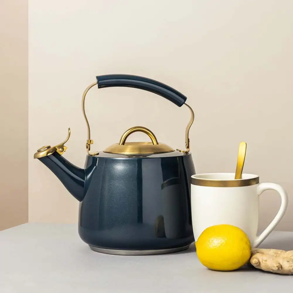 

1.8L Stainless Steel Kettle in Blue & Gold, Modern Electric Kettle for Fast Boiling & Kitchen Decor.