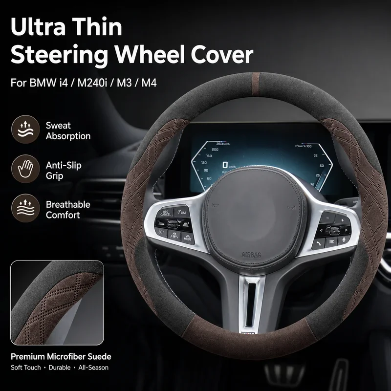 For BMW Steering Wheel Cover Ultra Thin Microfiber Suede Fits i4 M240i M3 M4 Anti Slip Sweat Absorbent Breathable