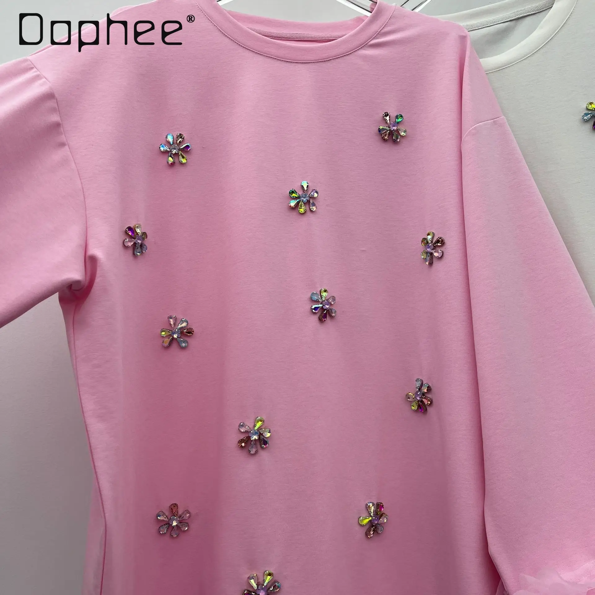 Korean Trendy Fashion Plush Patchwork Long Sleeve Oversized Sweatshirt Heavy Beaded Flower Round Neck Casual Sweatshirt Women