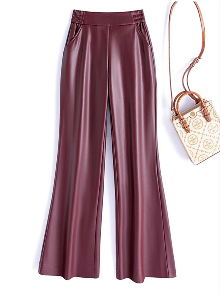 أسود حقيقية بنطال جلدي النساء جلد الغنم مستقيم السراويل ربيع الخريف عالية حزام خصر فضفاض الجلد الحقيقي بناطيل كاجوال