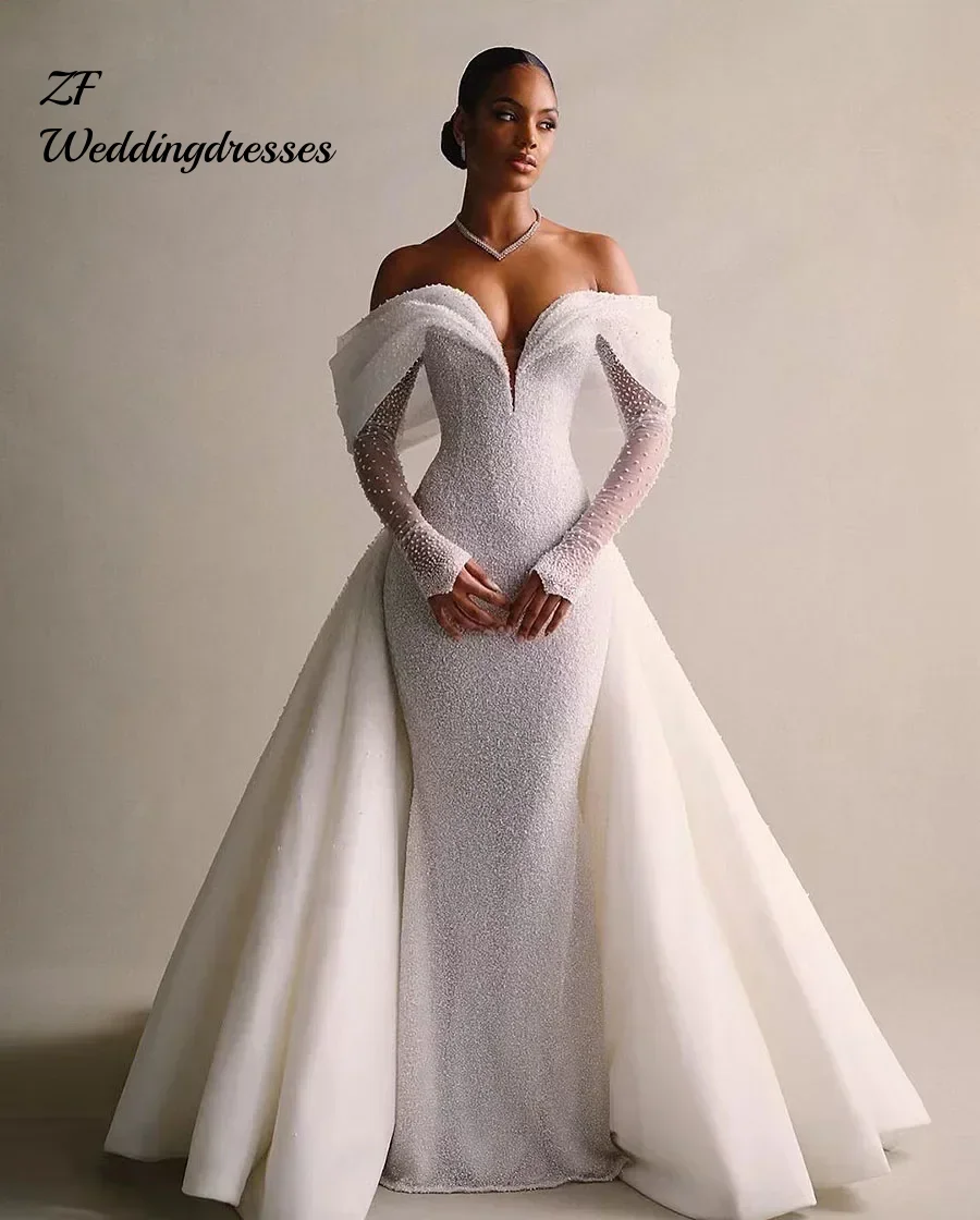 Customized Luxury Mermaid Wedding Dress DetachableTrain Lace Sequins V Neck Robe Full Sleeve Vintage Bride Gown Vestido De Novia